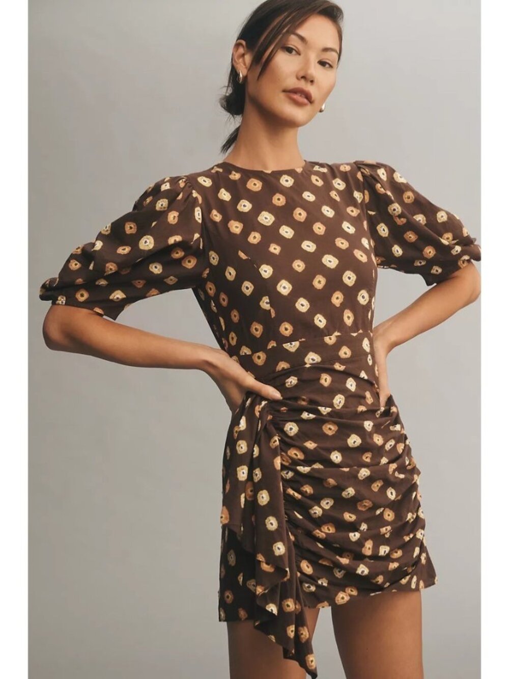 Rhode Pia Dress Size 6 Brown Puff Sleeve Ruched Boho Party Resortwear Vacation